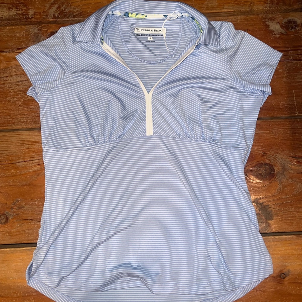 Pebble Beach Blue Fitted Polo Top with Zipper